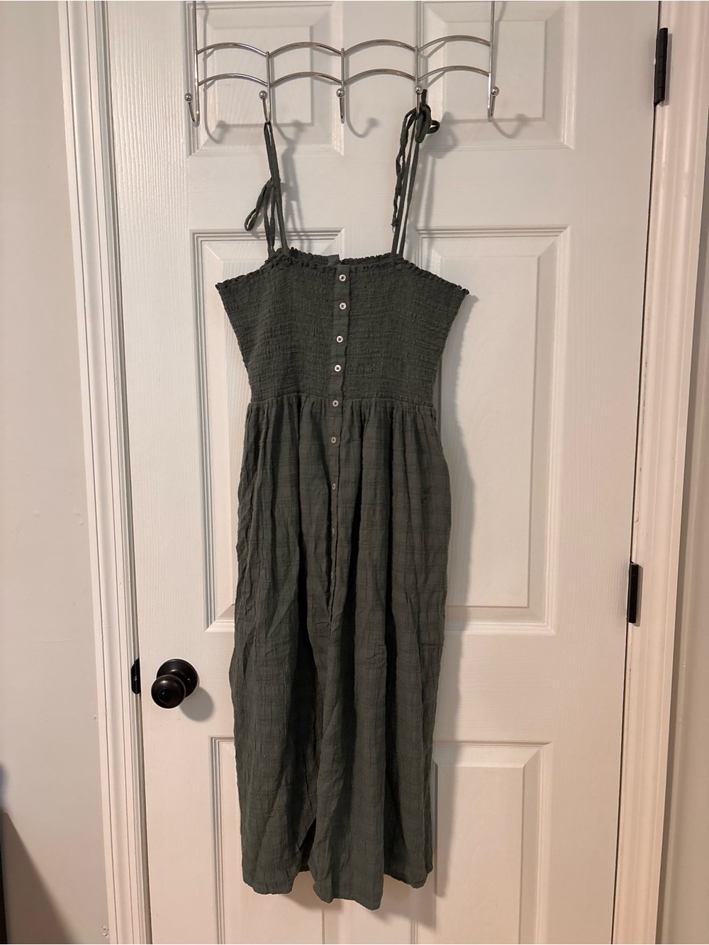 aerie Olive Green Tie-Shoulder Smocked Midi Dress